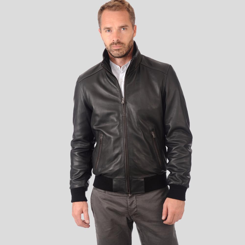 Chaqueta de cuero bomber Kian negra para hombre | Estilo de cuello alto | Prenda de cuero de grano completo