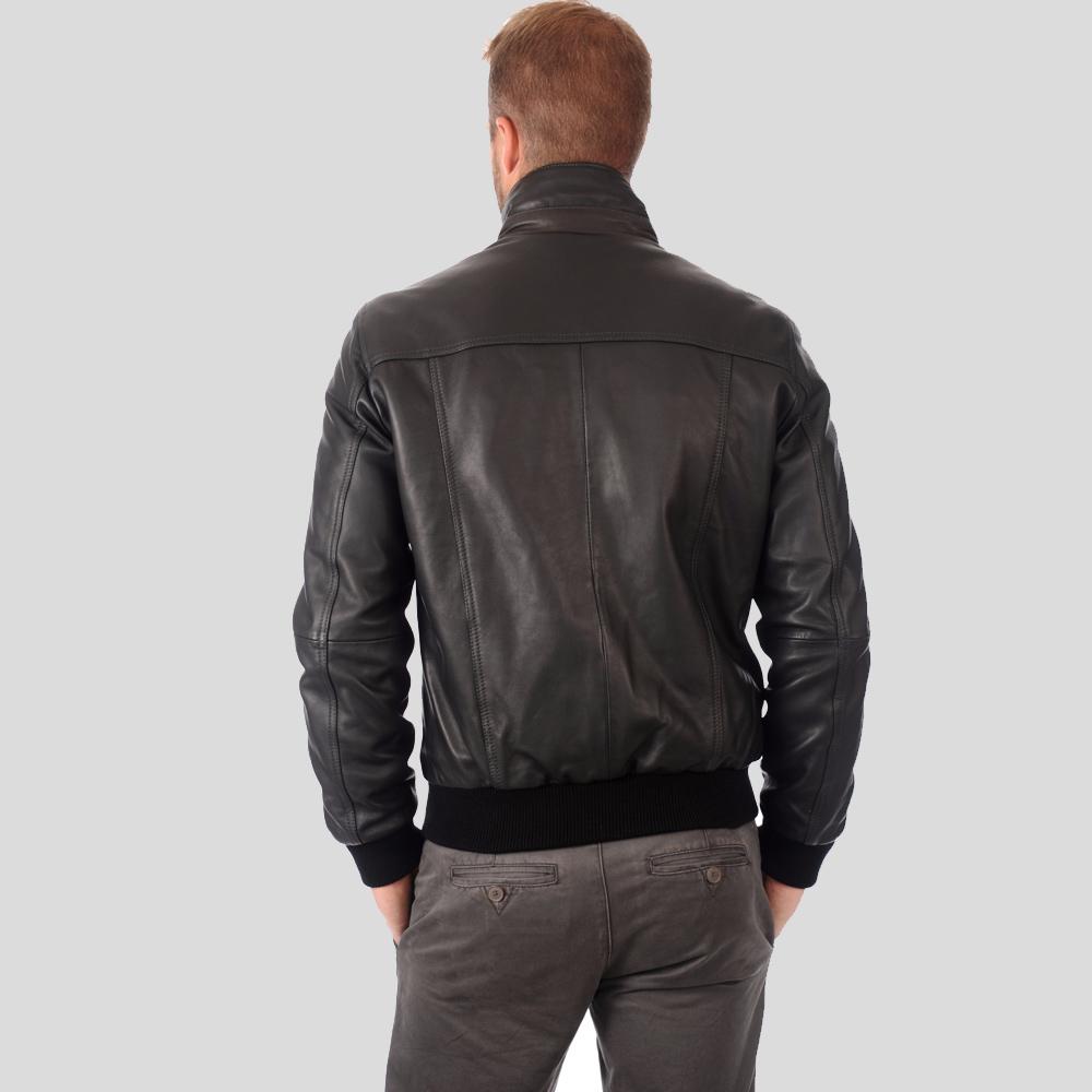 Chaqueta de cuero bomber Kian negra para hombre | Estilo de cuello alto | Prenda de cuero de grano completo