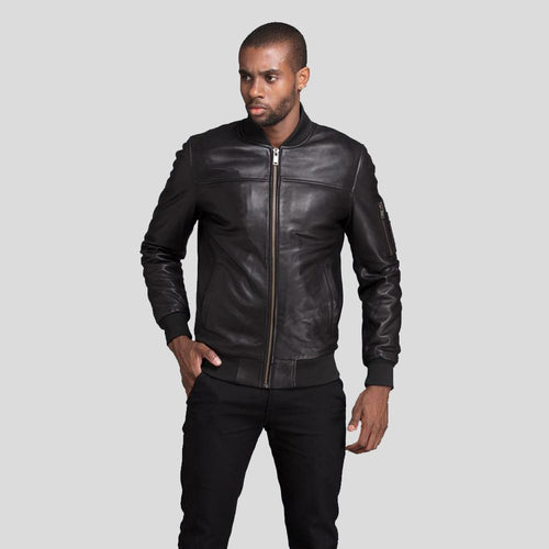Men's Kyros Black Bomber Genuine Leather Jacket | Full Grain Apparel