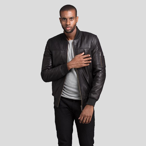 Chaqueta Bomber Kyros Negra de Piel Genuina para Hombre | Prenda de Piel de Grano Completo