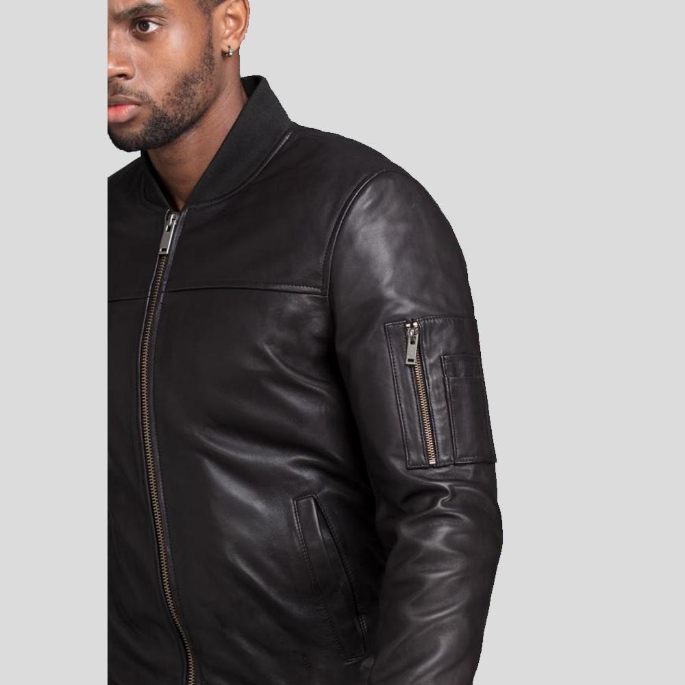 Chaqueta Bomber Kyros Negra de Piel Genuina para Hombre | Prenda de Piel de Grano Completo
