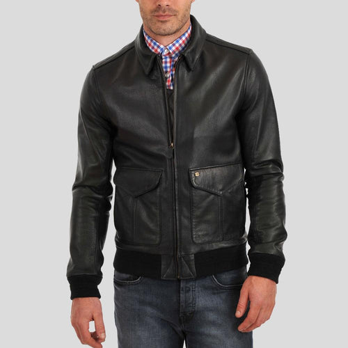 Men's Osian Black Bomber Leather Jacket | Shirt Collar Style | Full Grain Apparel