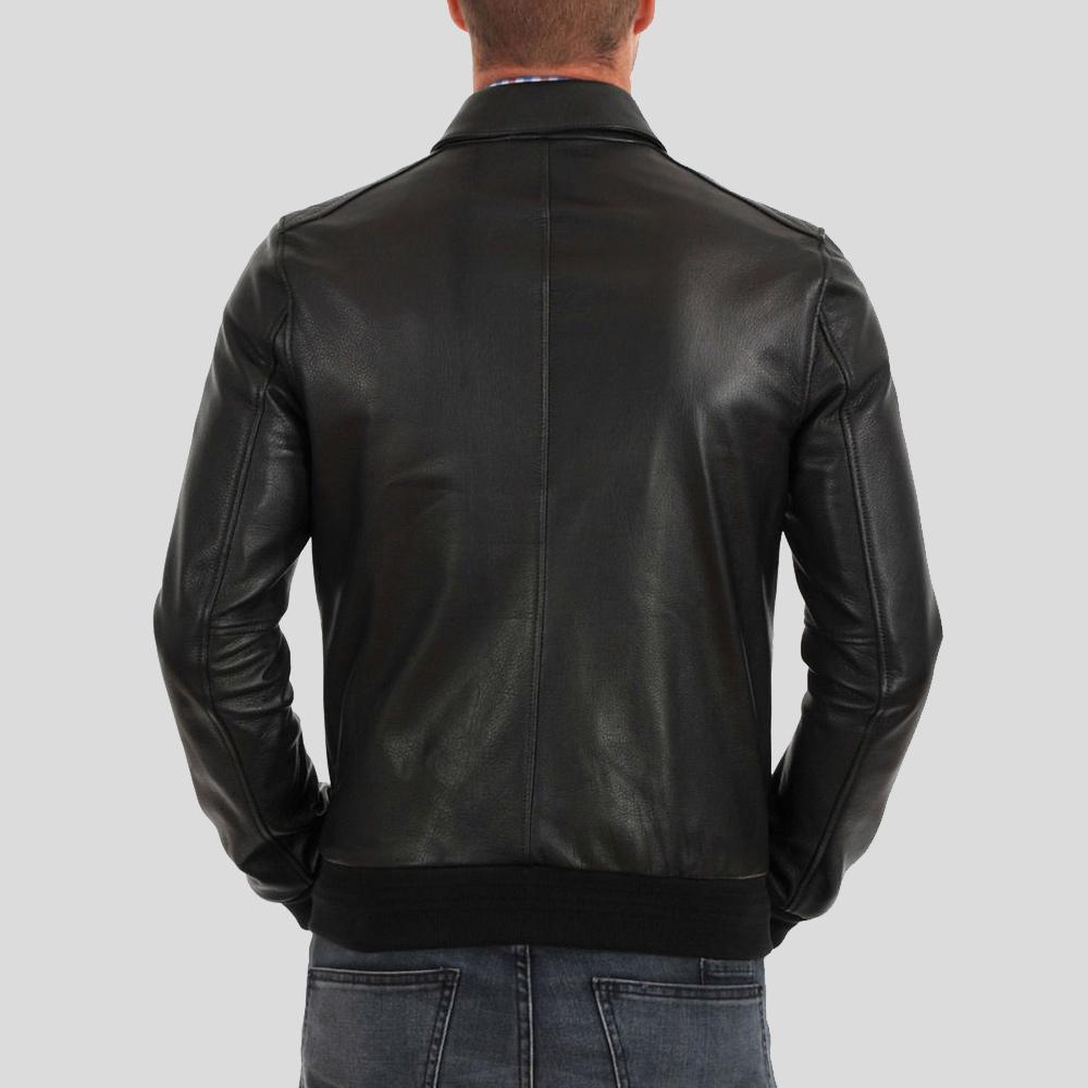 Chaqueta de cuero bomber Osian negra para hombre | Estilo con cuello de camisa | Prenda de piel de plena flor