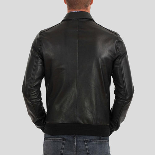 Chaqueta de cuero bomber Osian negra para hombre | Estilo con cuello de camisa | Prenda de piel de plena flor