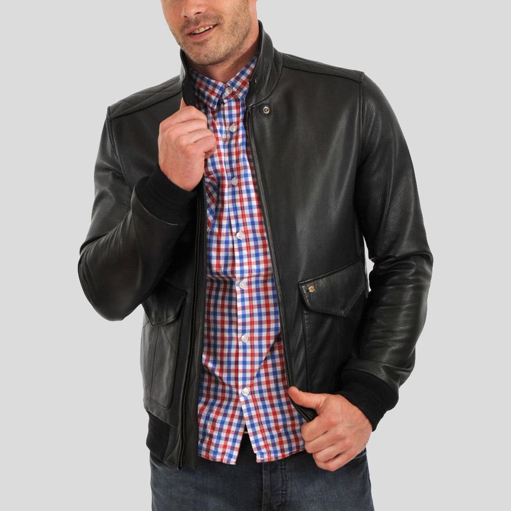 Chaqueta de cuero bomber Osian negra para hombre | Estilo con cuello de camisa | Prenda de piel de plena flor