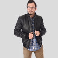 Men's Reece Black Bomber Leather Jacket | High Neck Style | Full Grain Apparel