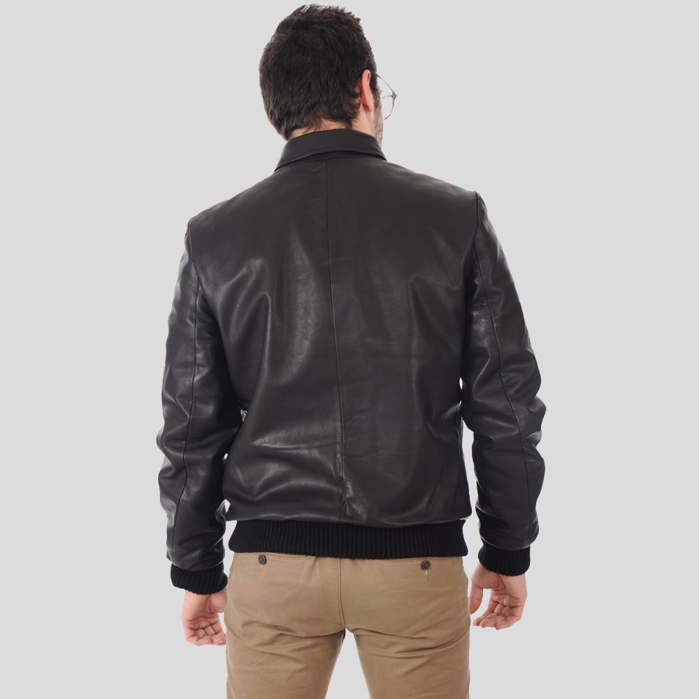 Chaqueta de cuero para hombre Reece, tipo bómber, negra | Cuello alto | Prenda de cuero de plena flor