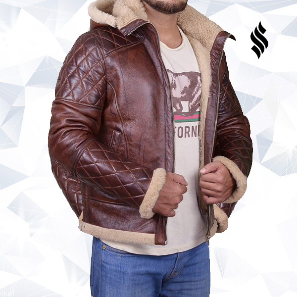 Men’s Brown Shearling Jacket with Hoodie | Rugged Winter Aviator Wear | Full Grain Apparel