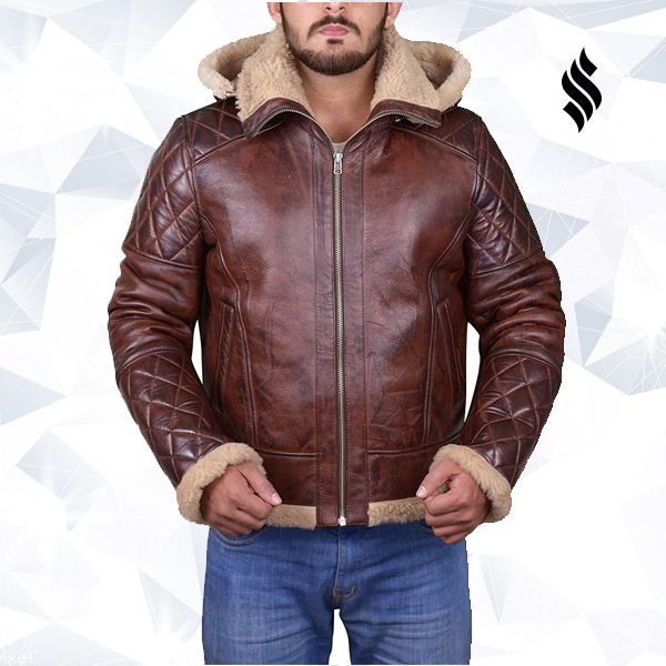Men’s Brown Shearling Jacket with Hoodie | Rugged Winter Aviator Wear | Full Grain Apparel