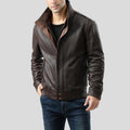 Men's Chek Brown Bomber Leather Jacket | Double Collar Style | Full Grain Apparel