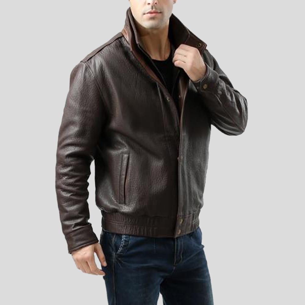 Chaqueta de cuero para hombre Chek Brown estilo aviador | Cuello doble | Prenda de cuero de grano completo