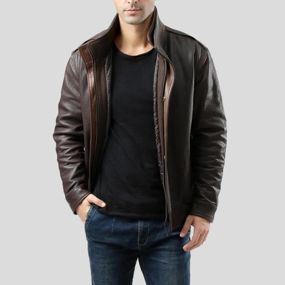 Chaqueta de cuero para hombre Chek Brown estilo aviador | Cuello doble | Prenda de cuero de grano completo