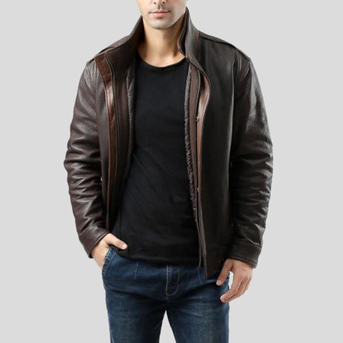 Men's Chek Brown Bomber Leather Jacket | Double Collar Style | Full Grain Apparel
