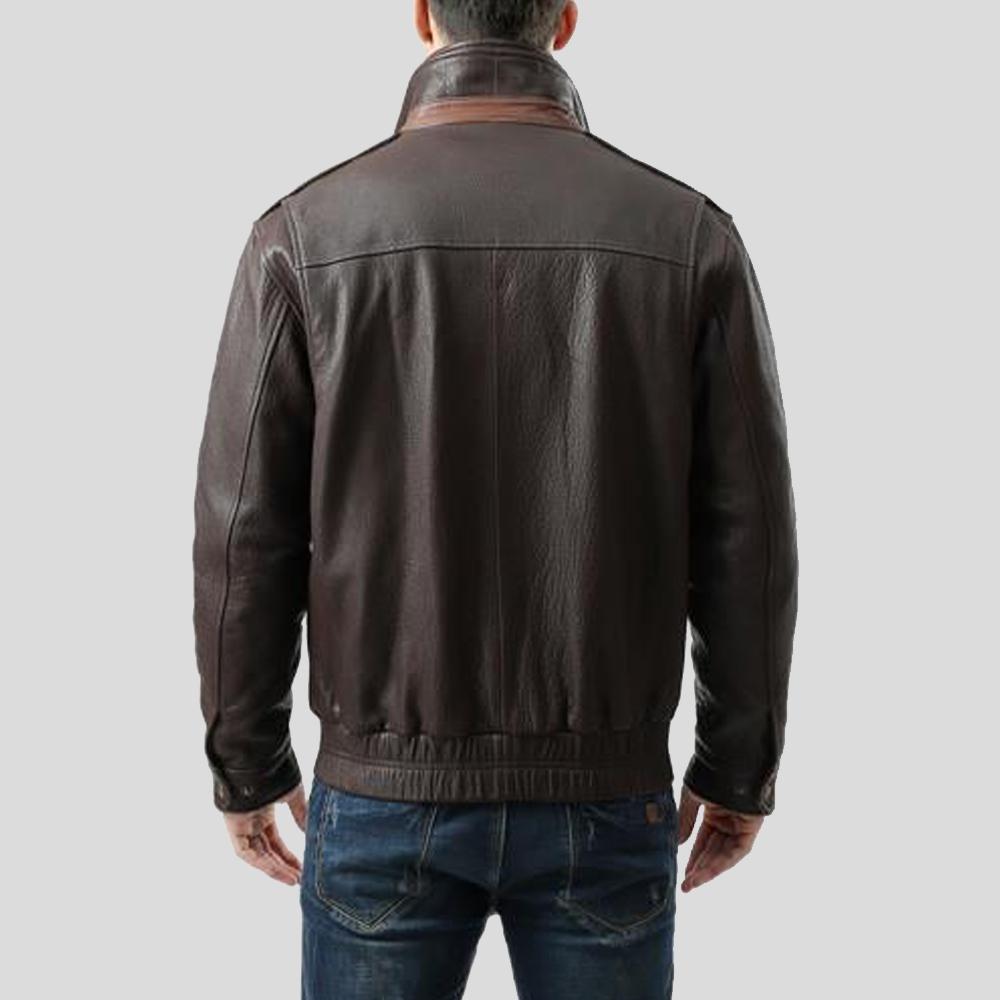 Chaqueta de cuero para hombre Chek Brown estilo aviador | Cuello doble | Prenda de cuero de grano completo