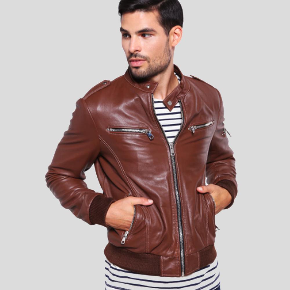 Men's Fonz Brown Bomber Leather Jacket | Genuine Lambskin | Full Grain Apparel