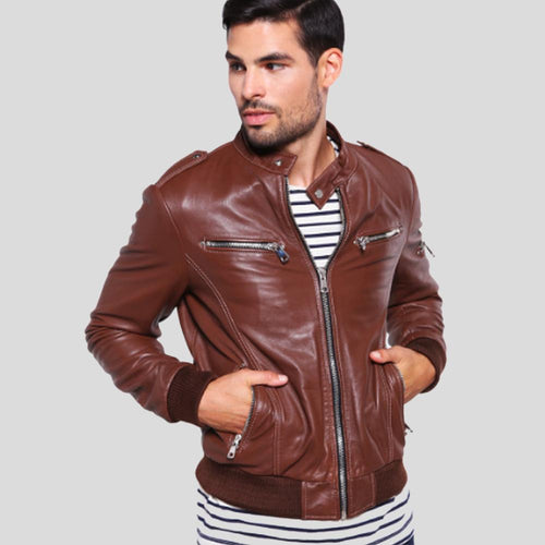 Men's Fonz Brown Bomber Leather Jacket | Genuine Lambskin | Full Grain Apparel