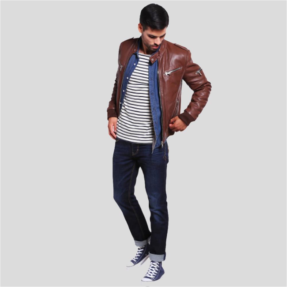 Chaqueta bomber Fonz para hombre de piel marrón | Piel de cordero genuina | Prenda de grano completo