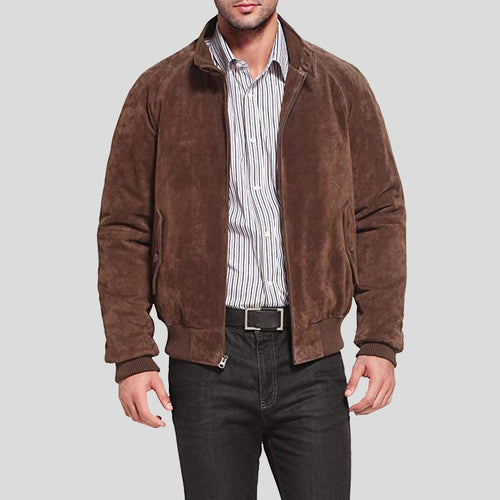 Chaqueta Bomber de Cuero Harry Suede Marrón para Hombre | Piel de Cordero Genuina | Prenda de Grano Completo
