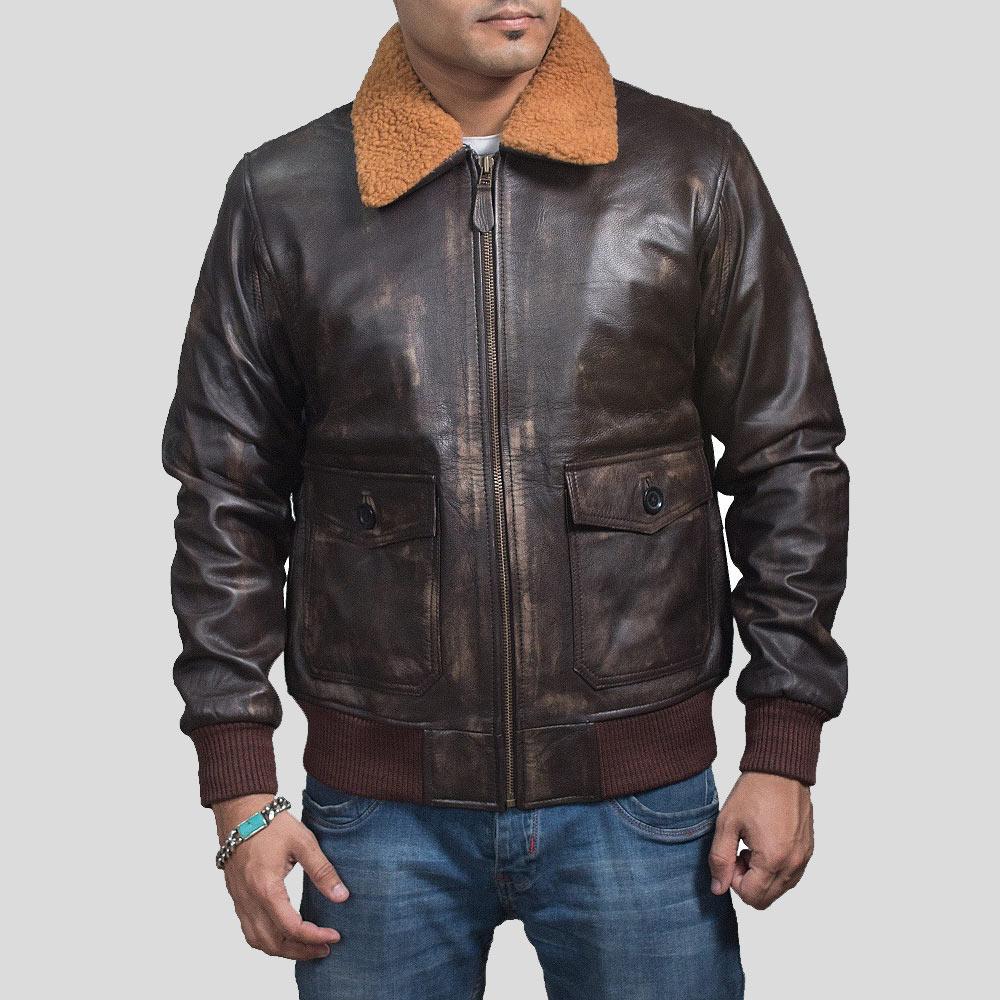 Men's Kane Brown Bomber Leather Jacket | Shirt Collar Style | Full Grain Apparel