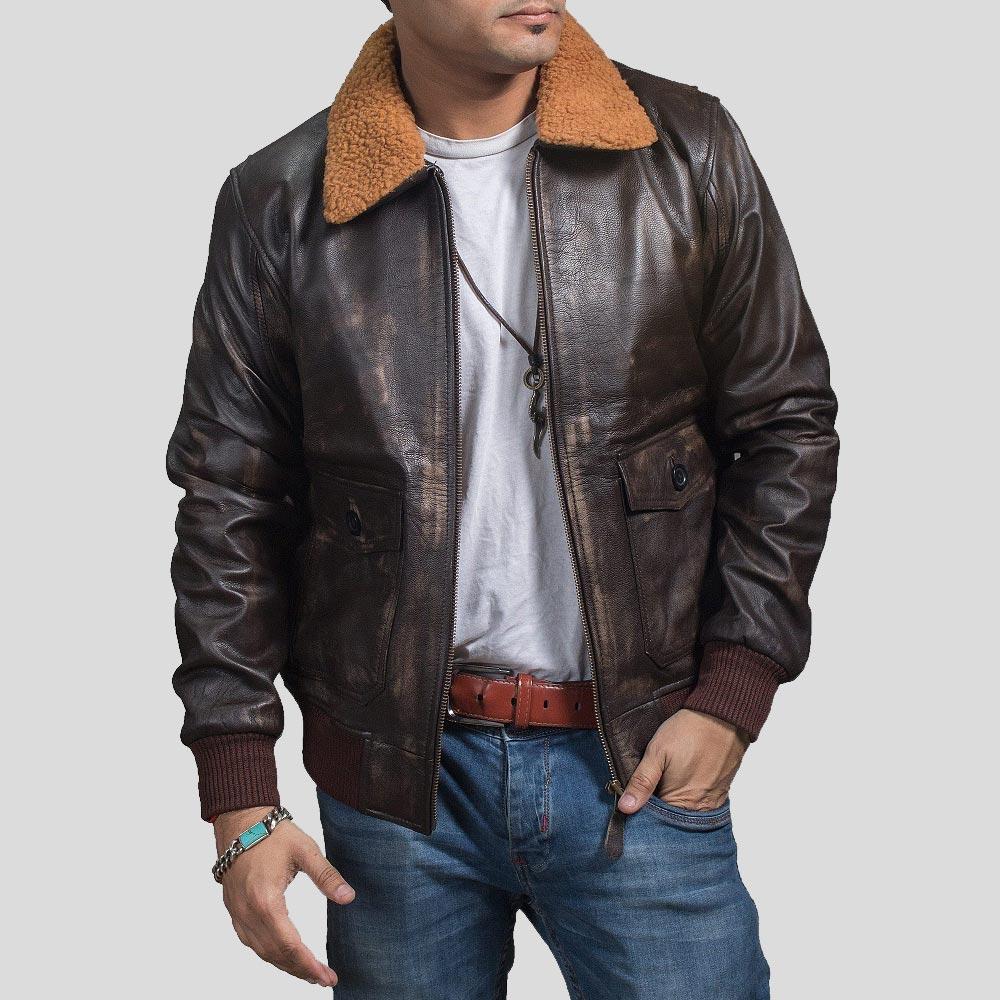 Chaqueta Bomber de Cuero Kane Brown para Hombre | Estilo de Cuello de Camisa | Prenda de Piel de Grano Completo
