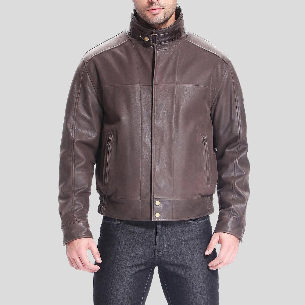 Men's Lee Distressed Brown Bomber Leather Jacket | Double Collar | Full Grain Apparel