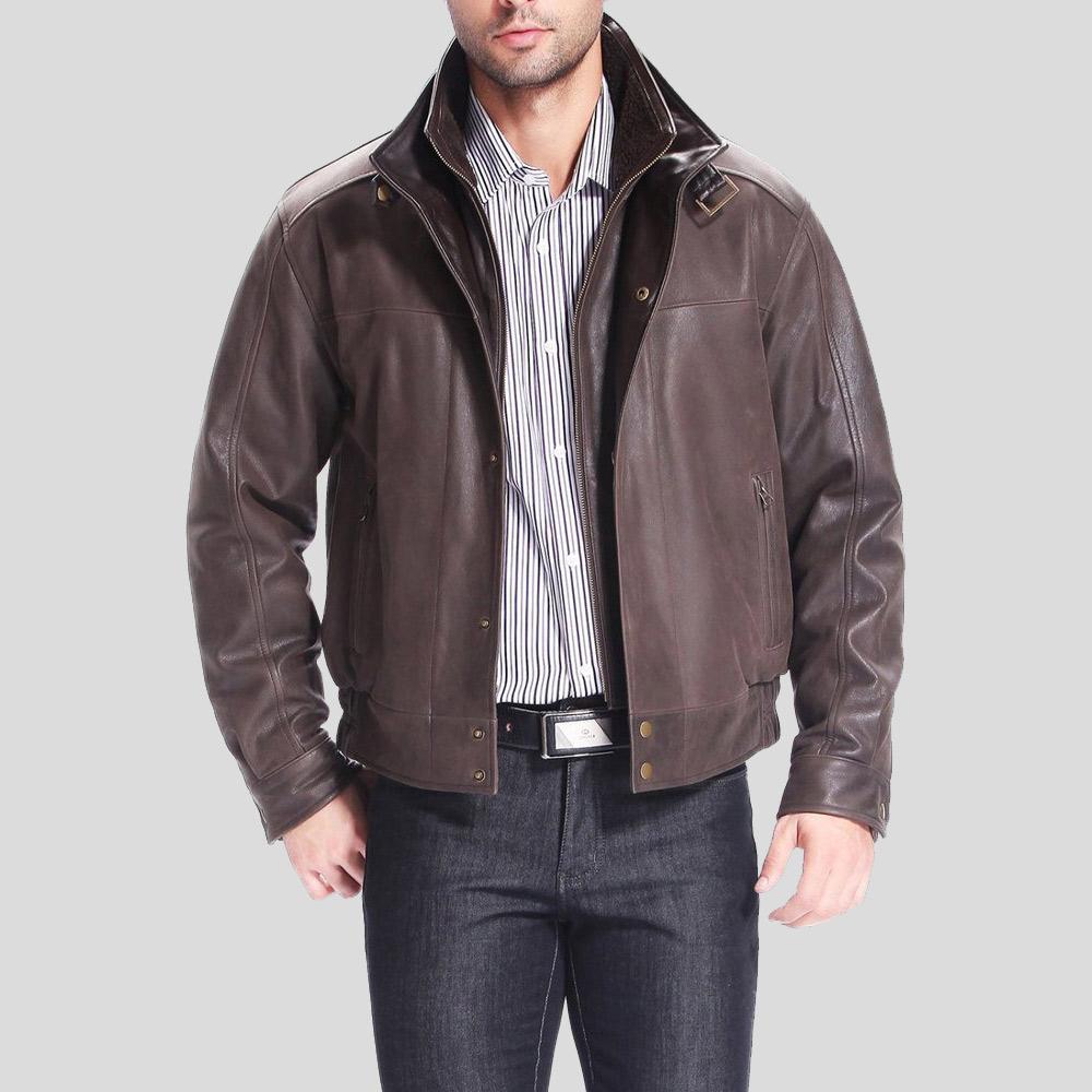 Men's Lee Distressed Brown Bomber Leather Jacket | Double Collar | Full Grain Apparel