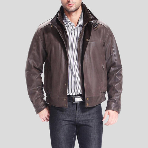 Chaqueta de cuero bomber para hombre Lee, marrón envejecido | Cuello doble | Prenda de piel plena flor