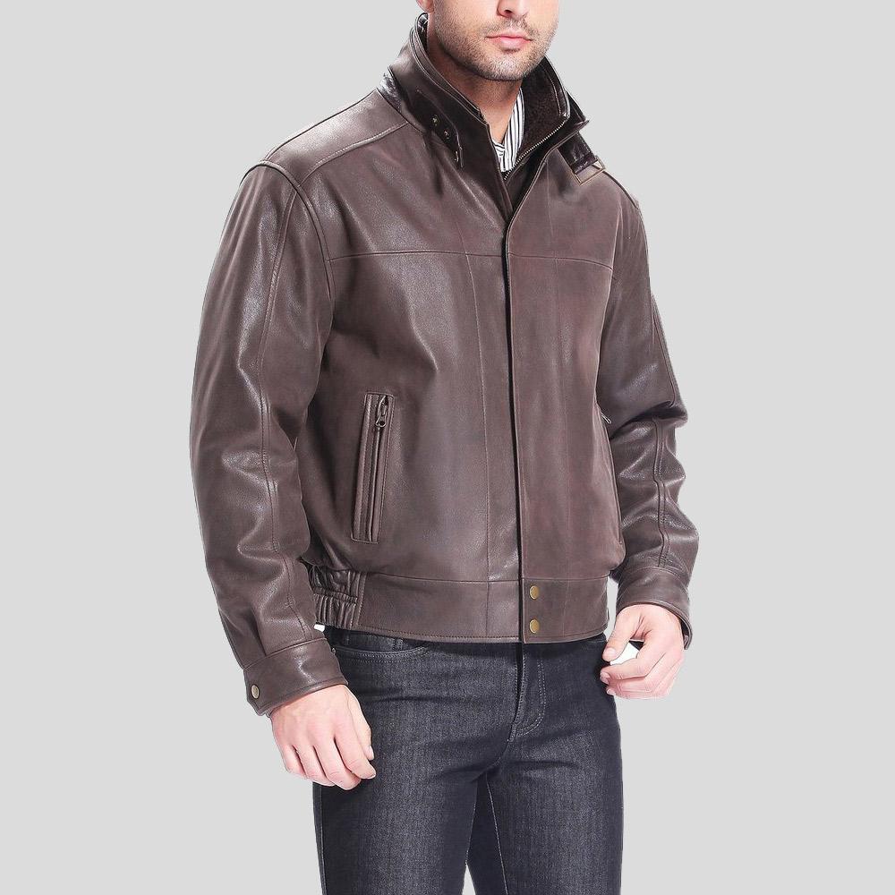 Men's Lee Distressed Brown Bomber Leather Jacket | Double Collar | Full Grain Apparel