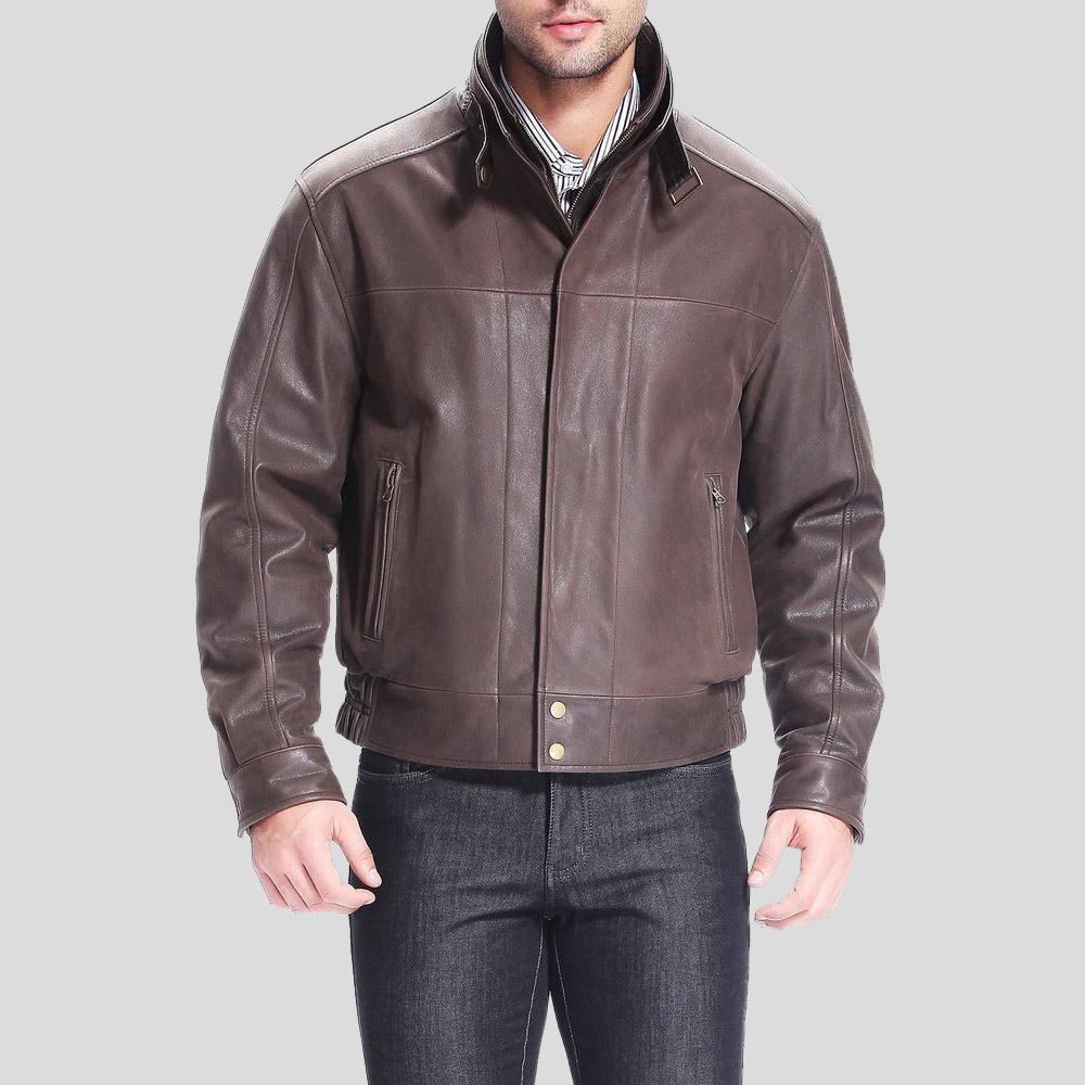 Men's Lee Distressed Brown Bomber Leather Jacket | Double Collar | Full Grain Apparel