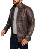 Men’s Distressed Brown Snap-Tab Leather Jacket | Minimalist Vintage Racer | Full Grain Apparel