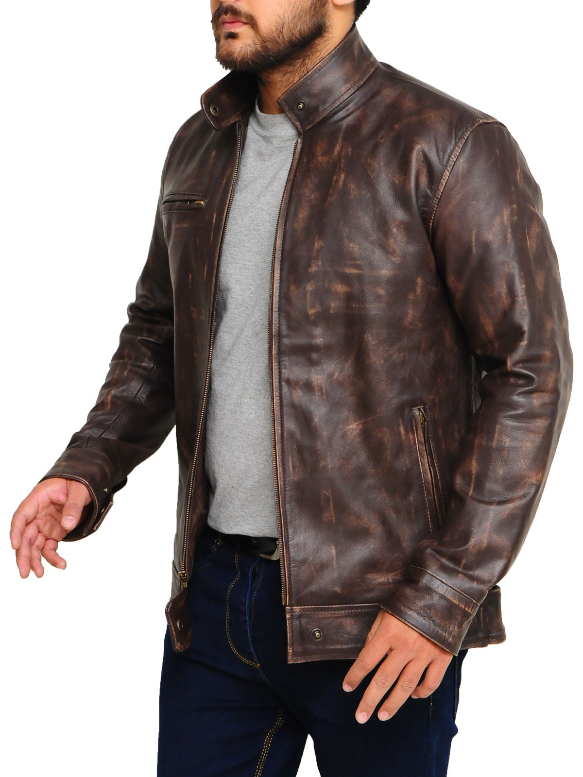 Men’s Distressed Brown Snap-Tab Leather Jacket | Minimalist Vintage Racer | Full Grain Apparel