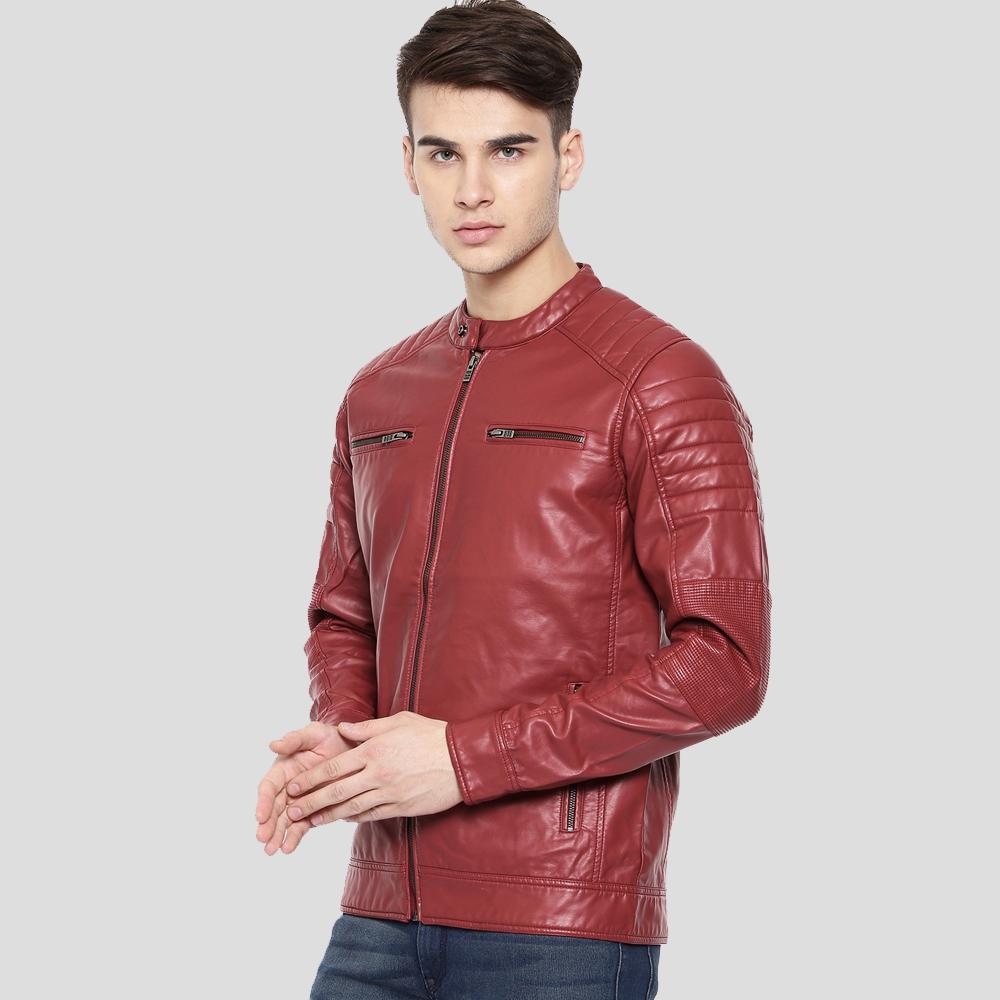 Chaqueta de cuero acolchada roja Cooper para hombre | Ropa exterior de motociclista resistente | Prenda de piel de plena flor