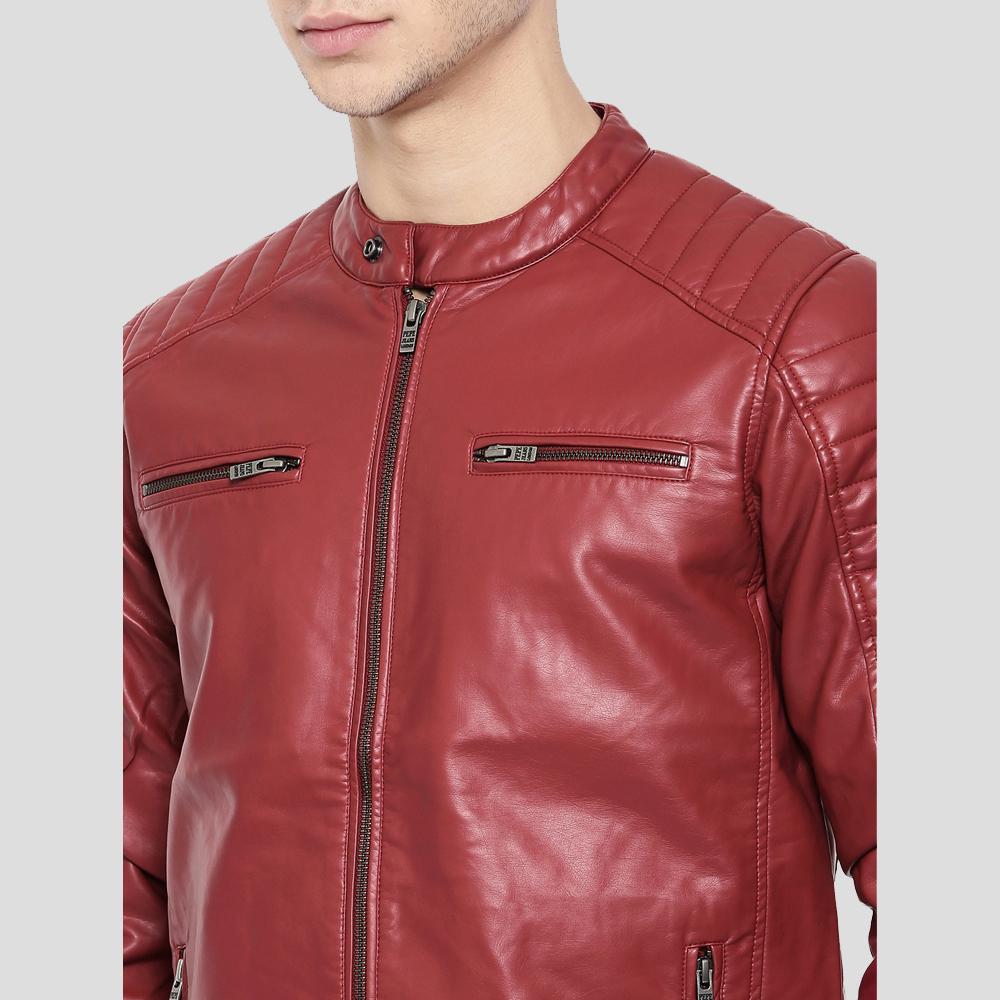 Chaqueta de cuero acolchada roja Cooper para hombre | Ropa exterior de motociclista resistente | Prenda de piel de plena flor