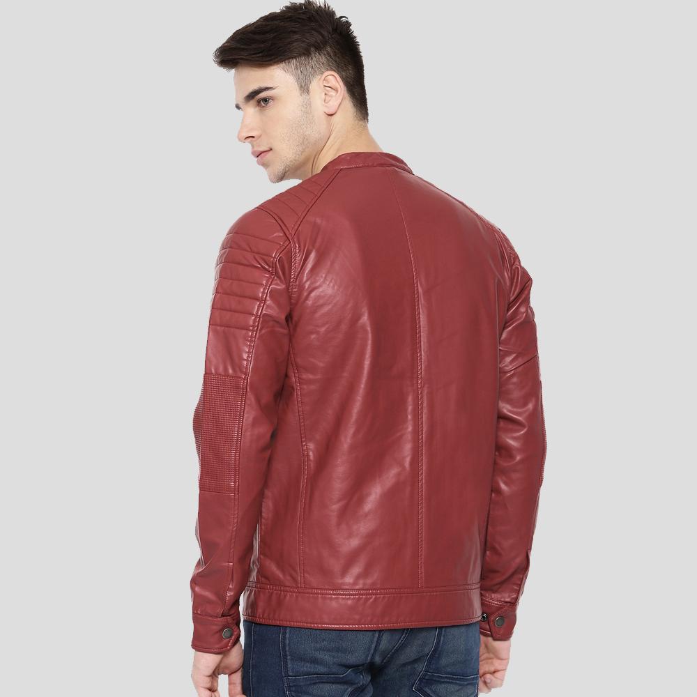 Chaqueta de cuero acolchada roja Cooper para hombre | Ropa exterior de motociclista resistente | Prenda de piel de plena flor