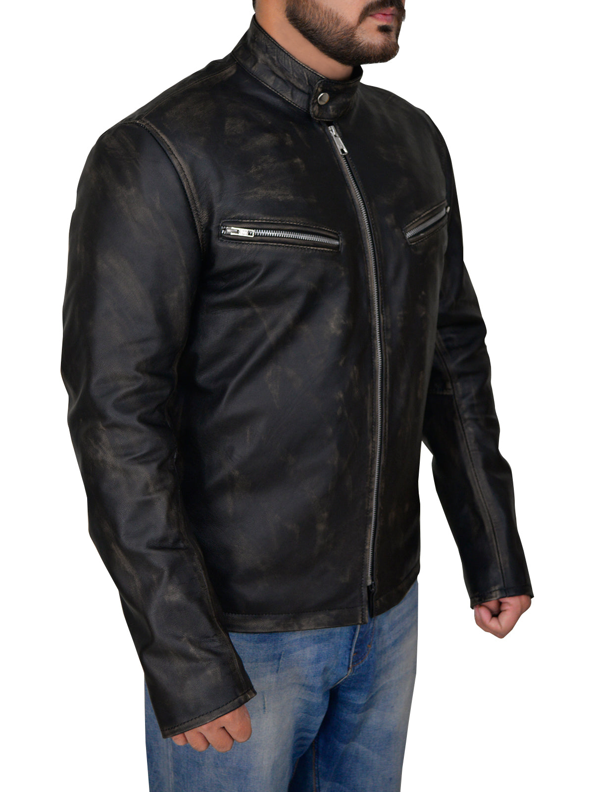 Chaqueta Cafe Racer Negra Desgastada para Hombre | Moto Vintage Sigilosa | Ropa de Piel de Grano Completo