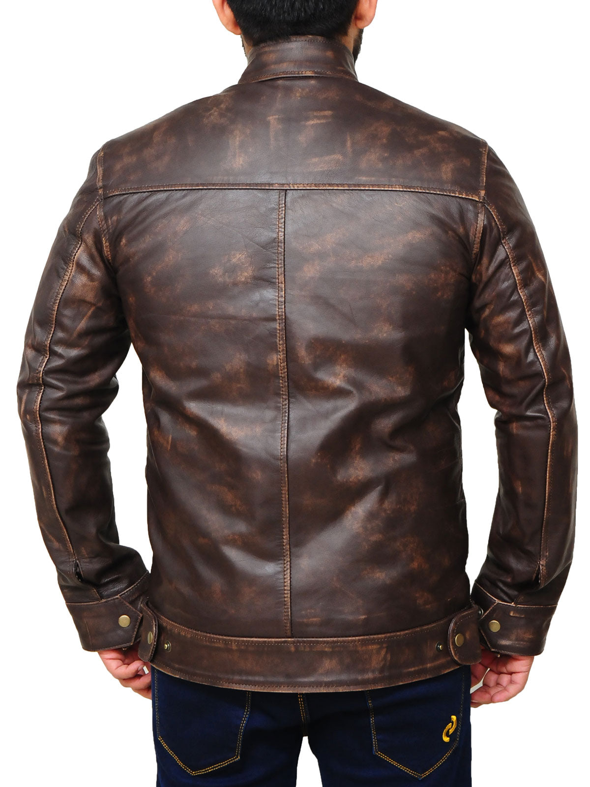 Men’s Distressed Brown Snap-Tab Leather Jacket | Minimalist Vintage Racer | Full Grain Apparel
