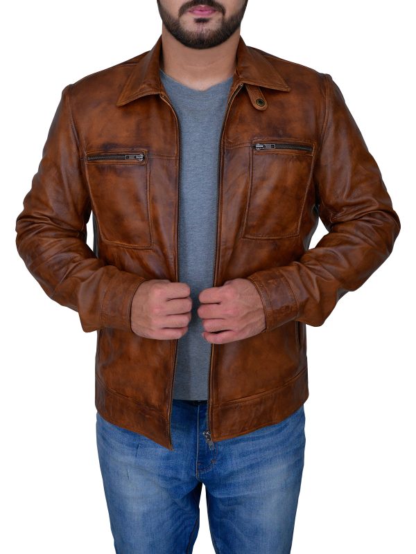 Chaqueta de cuero marrón envejecido para hombre | Estilo vintage robusto y clásico | Prenda de piel de plena flor