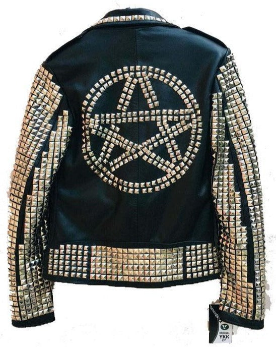 Men’s Golden Studded Black Leather Jacket | Punk Rock Zipper Style | Full Grain Apparel