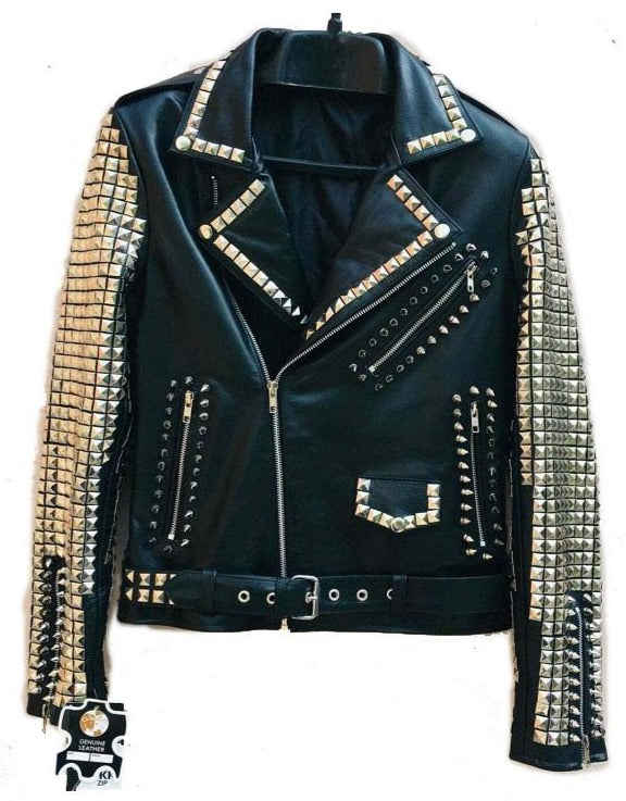 Men’s Golden Studded Black Leather Jacket | Punk Rock Zipper Style | Full Grain Apparel