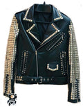 Men’s Golden Studded Black Leather Jacket | Punk Rock Zipper Style | Full Grain Apparel