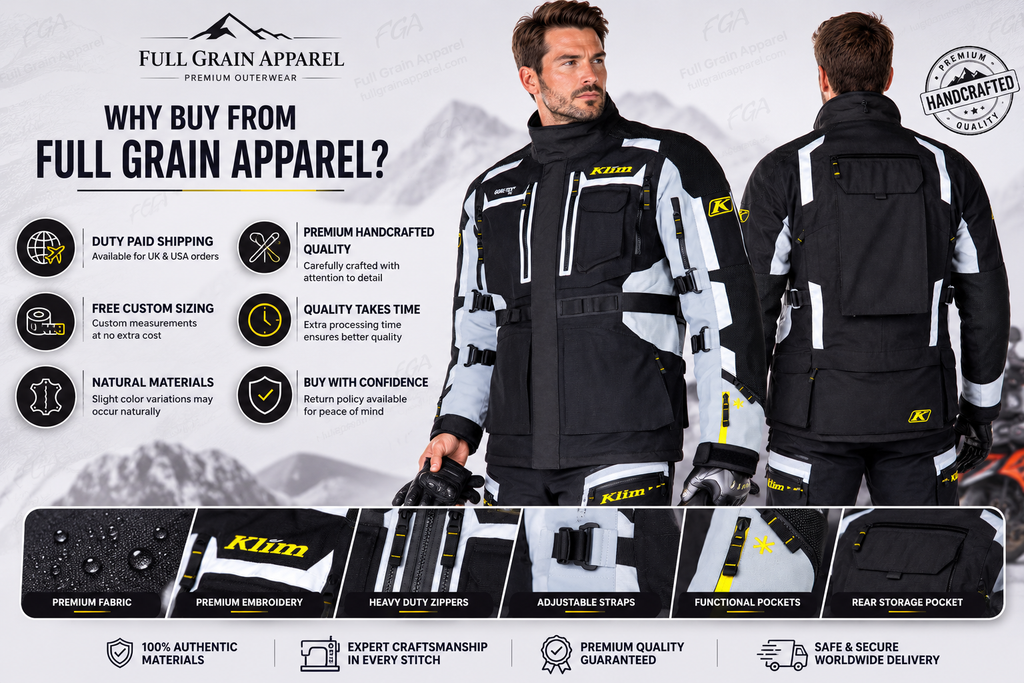 Full Grain Apparel KLIM touring jacket front back and product benefits