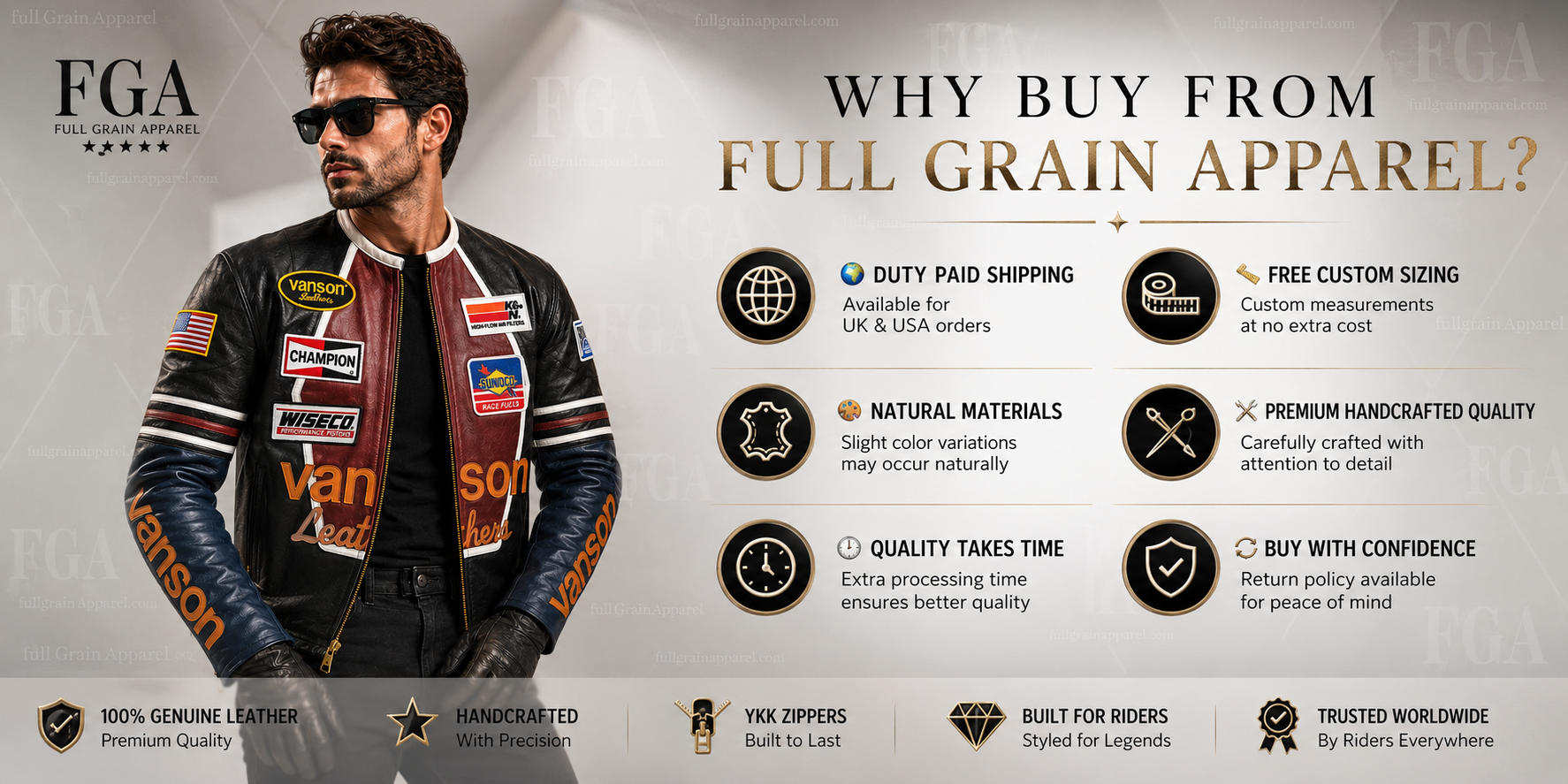 Full Grain Apparel motorsport leather jacket and made-to-order benefits