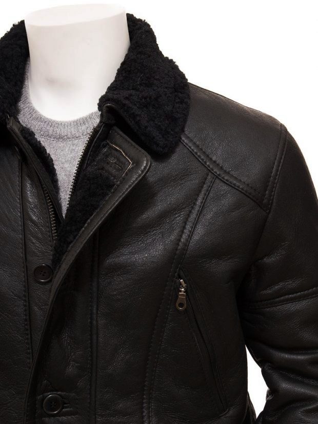 Chaqueta de cuero negra Boehmer de borrego para hombre | Prenda de piel plena flor