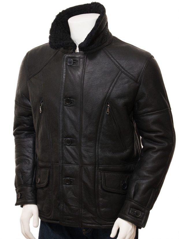 Chaqueta de cuero negra Boehmer de borrego para hombre | Prenda de piel plena flor