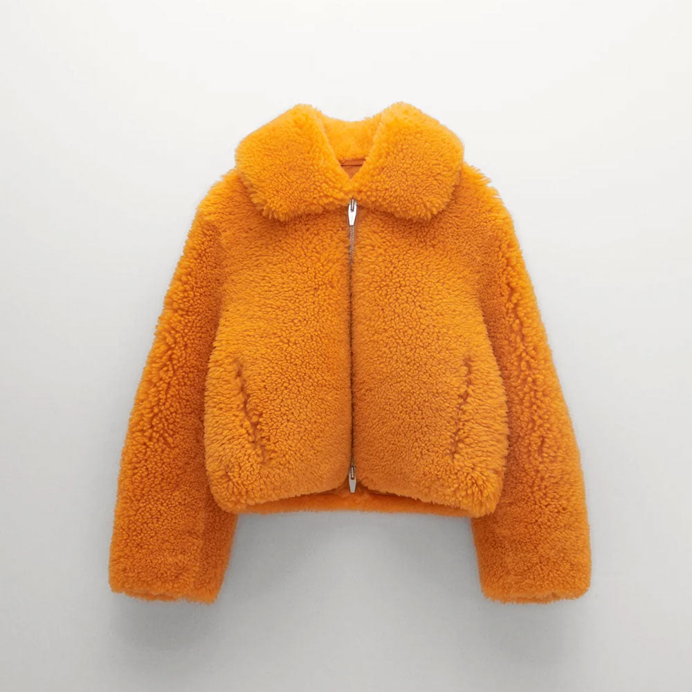 Women’s "Solaris Flame" Fox Fur Shearling Jacket | Vibrant Orange Sheepskin & Arctic Fox Trim | Full Grain Apparel