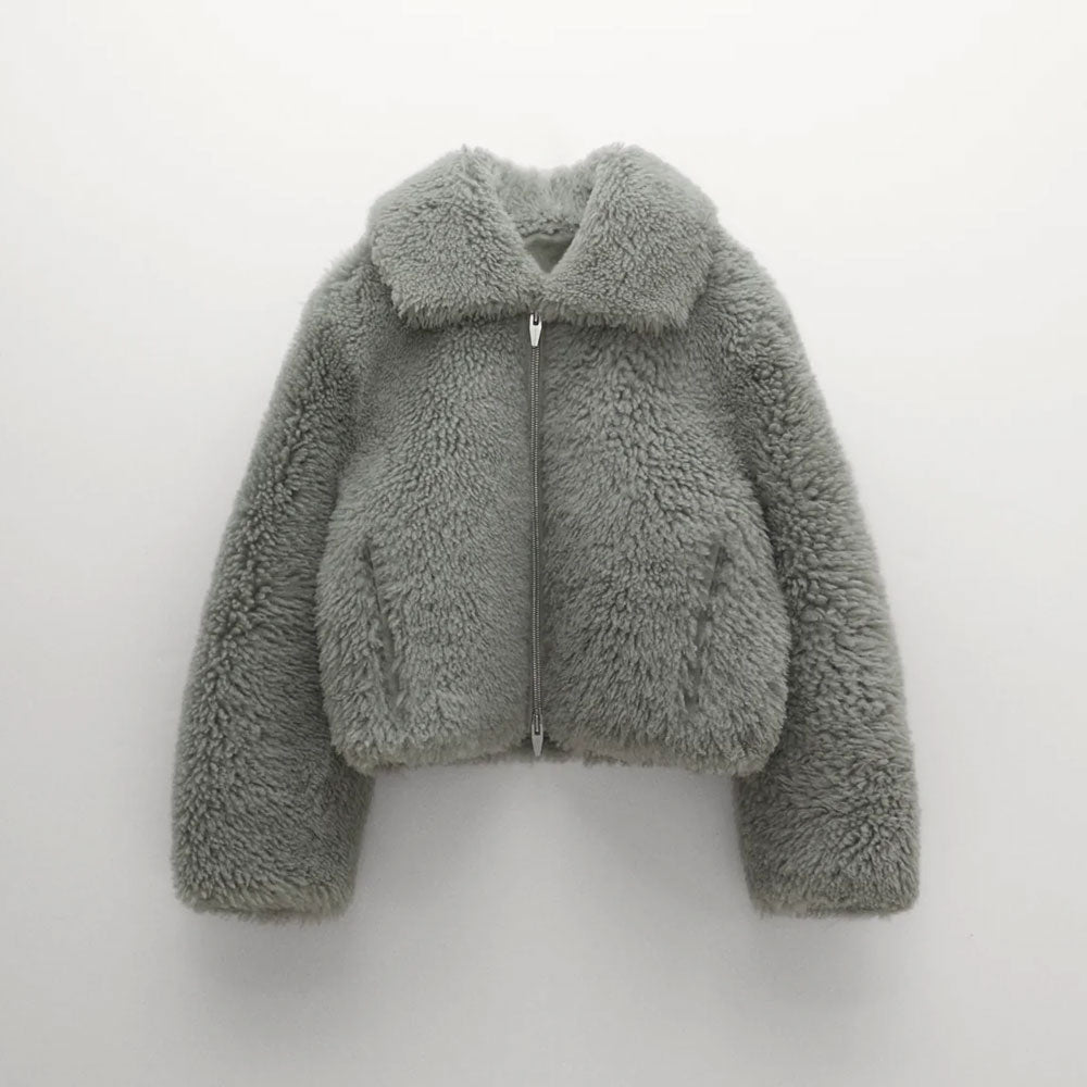 Women’s "Silver-Fox" Short Winter Jacket | Smoke Grey Sheepskin & Genuine Arctic Fox Fur | Full Grain Apparel