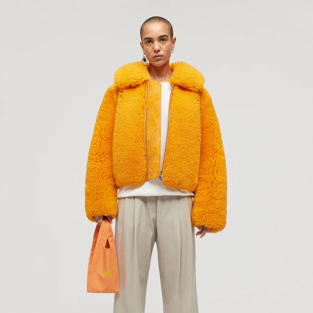 Women’s "Solaris Flame" Fox Fur Shearling Jacket | Vibrant Orange Sheepskin & Arctic Fox Trim | Full Grain Apparel