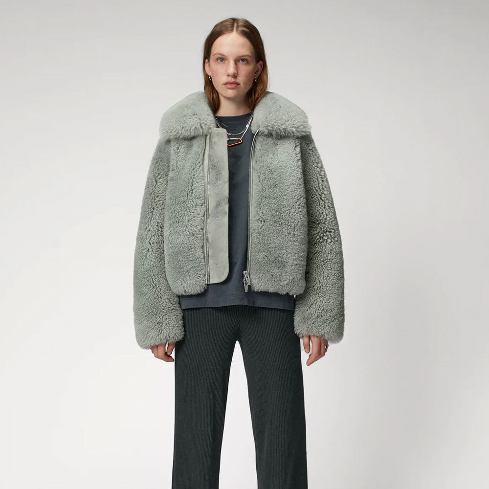 Women’s "Silver-Fox" Short Winter Jacket | Smoke Grey Sheepskin & Genuine Arctic Fox Fur | Full Grain Apparel