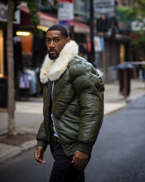 Cazadora de cuero V-Bomber verde dinero para hombre | Ropa de piel plena flor