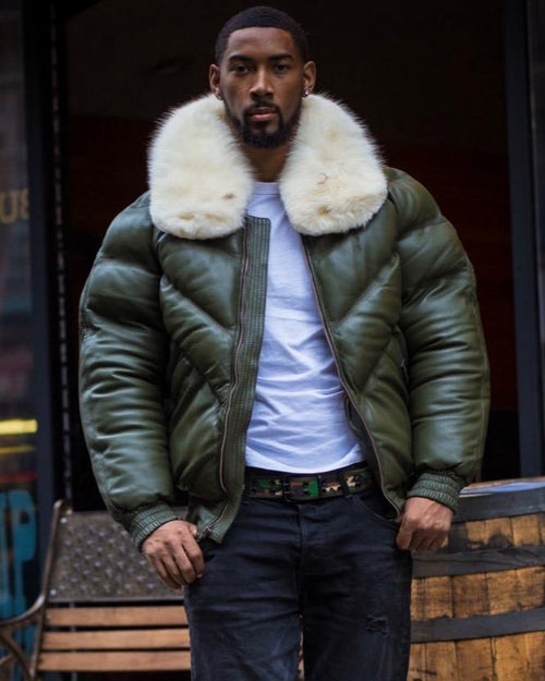 Men's Money Green Leather V-Bomber | Full Grain Apparel